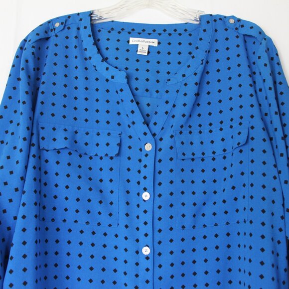CROFT & BARROW WOMEN DIAMOND CHECK LONG SLEEVE BUTTON BLOUSE TOP SZ L ROYAL BLUE - Picture 10 of 16